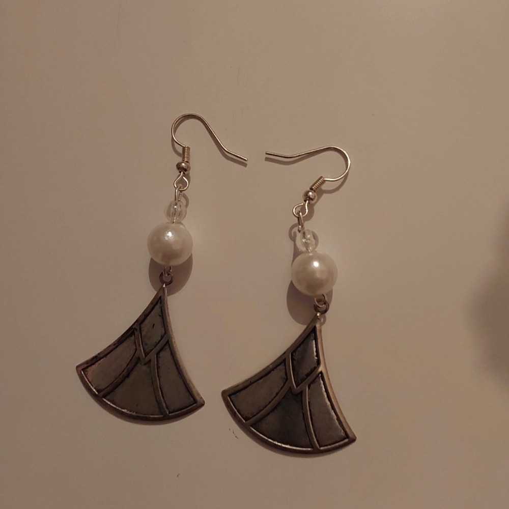 Handmade- pearl and large metal shield plated earrings